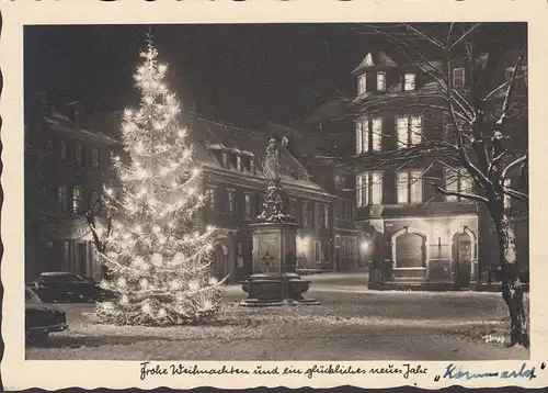 AK Heidelberg, Kornmarkt, Denkmal, Frohe Weihnachten, gelaufen 1958