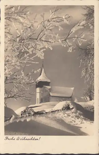 AK Frohe Weihnachten, verschneite Landschaft, Kirche, gelaufen 1937