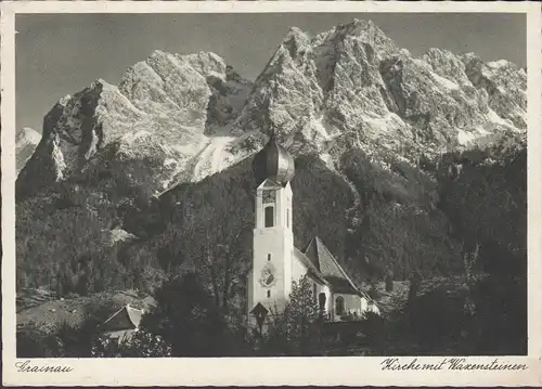 AK Grainau, Kirche mit Waxensteinen, ungelaufen