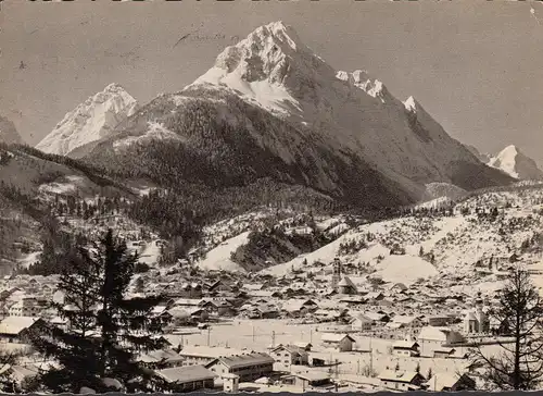 AK Mittenwald, vue de la ville, montagnes de Wetterstein, couru en 1959