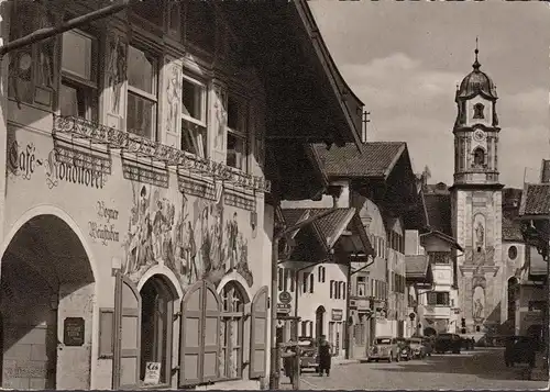 AK Mittenwald, Obermarkt, église paroissiale, Conditorei, voitures, incurvée