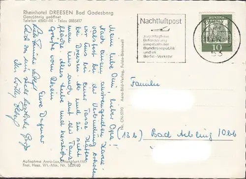 AK Bad Godesberg, Hotel Dreesen, Fligeraufnahme, gelaufen 1962