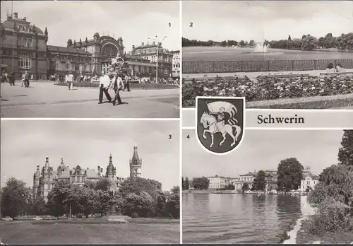 AK Schwerin, Hauptbahnhof, Pfaffenteich, Schloß, Anlegestelle, ungelaufen