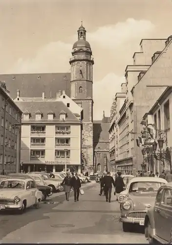 AK Leipzig, Burgstraße, Modellbahnen, Thüringer Hof, Autos, gelaufen 1967