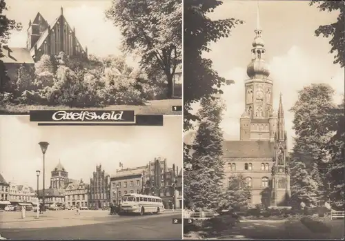 AK Greifswald, Marienkirche, Platz der Freundschaft, Rubenow-Denkmal, Bus, ungelaufen