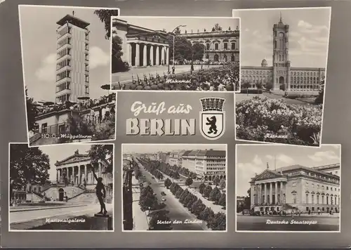 AK Berlin, Nationalgalerie, Müggelturm, Mahnmal, Rathaus, gelaufen