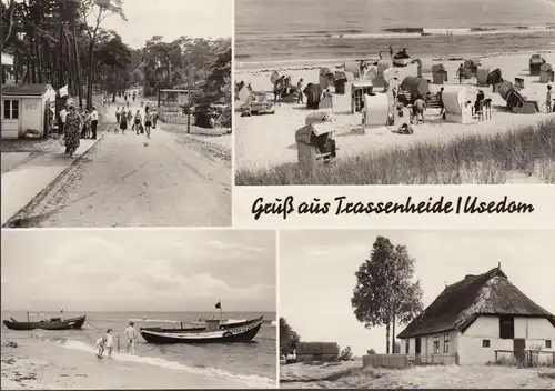 AK Trassenheide, HO-Bar, Strand, Strandkörbe, Boot TRA. 4L-2-172, Reetdachhaus, gelaufen 1973