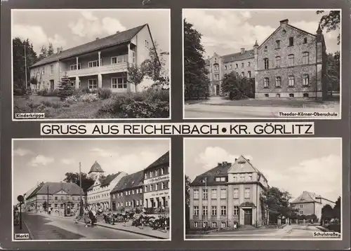 AK Reichenbach, Oberschule, Kinderkrippe, Markt, Schulstraße, gelaufen 1965