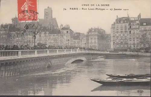 Paris, Pont Louis-Phillippe, Crue de la Seine, gelaufen 1910