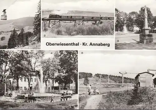 AK Oberwiesenthal, Schmalspurbahn, Postmeilenstein, Brunnen, Sessellift, ungelaufen