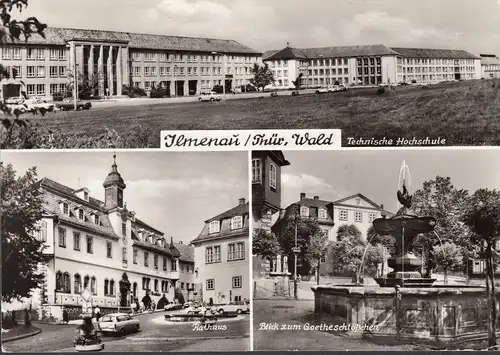 AK Ilmenau, Technische Hochschule, Rathaus, Brunnen, gelaufen 1978