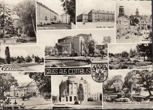 AK Cottbus, Altmarkt, Theater, Wohnblocks, gelaufen 1961
