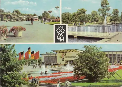 AK Erfurt, Internationale Gartenausstellung, Rendezvousbrücke, Wasserachse, Halle, ungelaufen