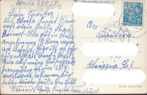 AK Weida, Aumatalsperre, Jugendherberge Philipp Müller, gelaufen 1958
