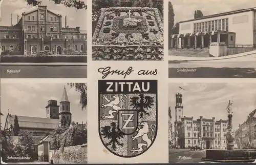 AK Zittau, Rathaus, Bahnhof, Stadttheater, gelaufen 1958