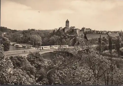 AK Halle-Saaale, Blick zur Burg Giebichenstein, Straßenbahn, gelaufen 1970