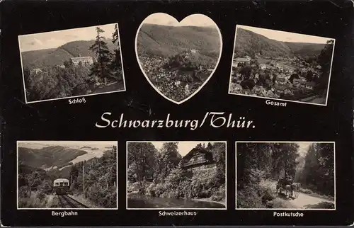 AK Schwarzburg, Bergbahn, Schloß, Schweizerhaus, Postkutsche, ungelaufen
