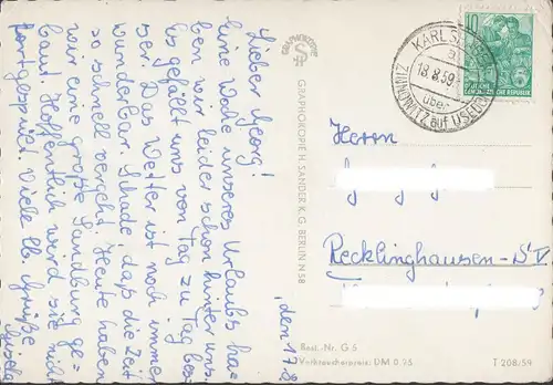 AK Usedom, Zinnowitz, Koserow, Uckeritz, gelaufen 1959