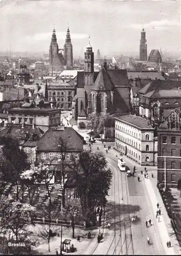AK Polen, Breslau, St. Adalbert, Maria Magdalenen, Elisabeth Kirche, Straßenbahn, gelaufen 1964