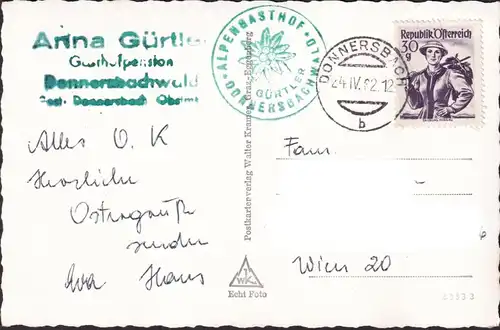 AK Donnersbachwald, Mörsbachhütte, Gasthofpension, Sektion Graz, gelaufen 1962