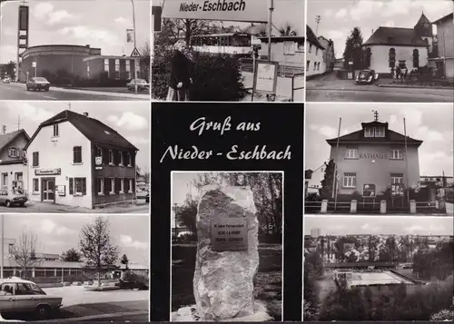 AK Nieder Eschbach, Rathaus, Darmstedter Hof, Schwimmbad, Kirche, Tanz in den Mai, gelaufen 1981