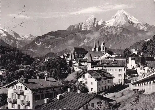 AK Berchtesgaden, Kirche, Stadtansicht, Watzmann, Steinernem Meer, gelaufen 1961