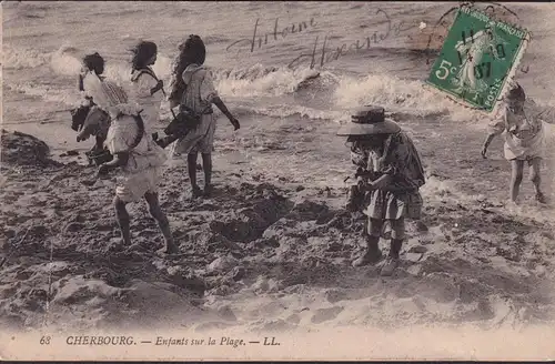 CPA Cherbourg, Enfants sur la Plage, postal envoié 1907