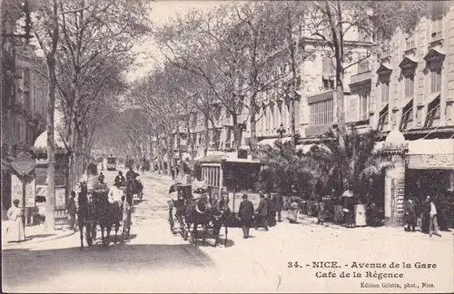 CPA Nice, Avenue de la Gare, Café de la Régence, Tramway, ungelaufen