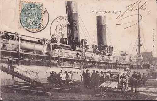 CPA Cherbourg, Préparatifs de départ, gelaufen 1904