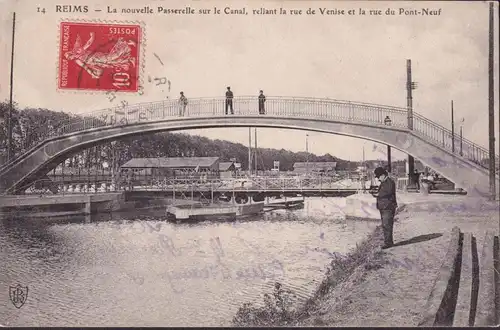 CPA Reims, La nouvelle Passerelle sur le Canal, gelaufen