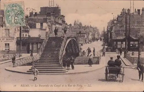 CPA Reims, La Passerelle du Canal et la Rue de Vesle, gelaufen