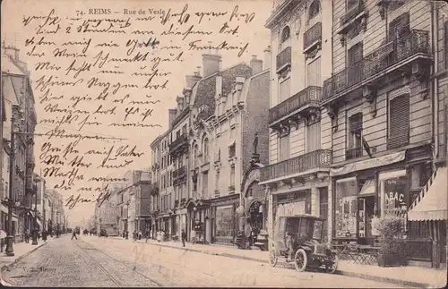 CPA Reims, Rue de Vesle, Café, Tabac, Automobile, ungelaufen