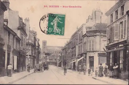 CPA Reims, Rue Gambetta, Tabac, Buvette, Café, gelaufen 1909