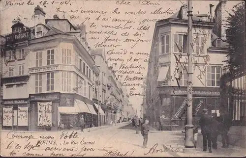 CPA Reims, La Rue Carnot, Maison de Confiance, Au Chat Pergant, Prix Fixe, gelaufen 1904