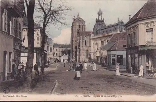 CPA Dreux, Église et Caisse d'Épargne, Hôtel, Restaurant, ungelaufen