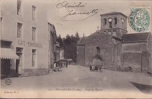 CPA Pouzauges, Place du l'Eglise, Café, Vinvendeau, gelaufen 1905