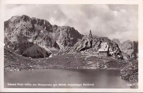 AK Kärnten, Eduard Pichl Hütte am Wolayersee mit Militär Bergsteiger Denkmal, ungelaufen, datiert 1957