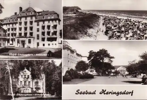 AK Heringsdorf, Erholungsheim Solidarität und Wilhelm Pieck, Strandpromenade, Strand, gelaufen 1978