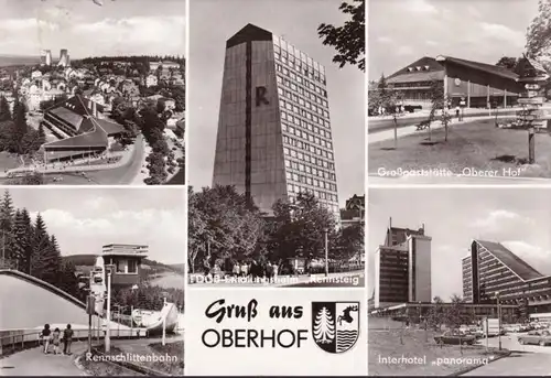 AK Oberhof, Großgaststätte Oberer Hof, Interhotel Panorama, Rennschlittenbahn, gelaufen