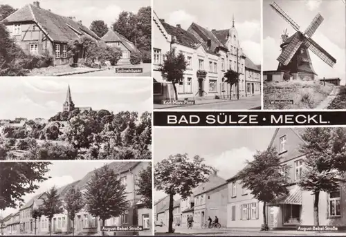 AK Bad Sülze, Salinehäuser, August Bebel Straße, Windmühle, gelaufen