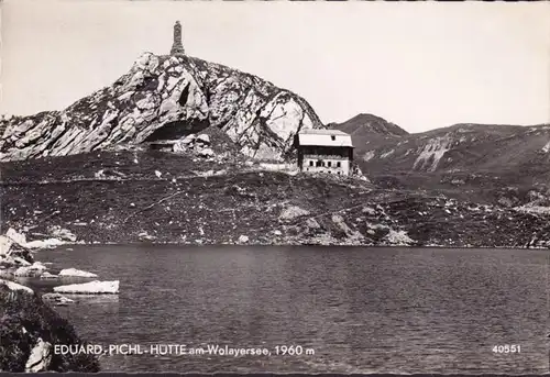AK Kärnten, Eduard Pichl Hütte, Denkmal, Wolayer See, gelaufen 1958