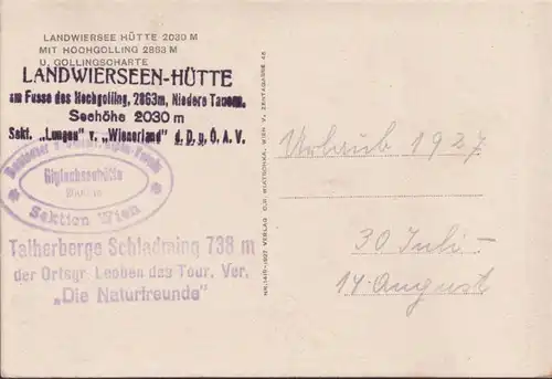 AK Landwiersee Hütte, Schladminger Tauern, inachevé-date 1927