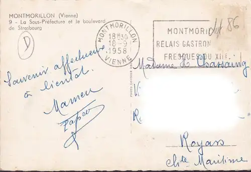 CP Montmorillon, La Sous Préfecture et le boulevard de Strasbourg, gelaufen 1958