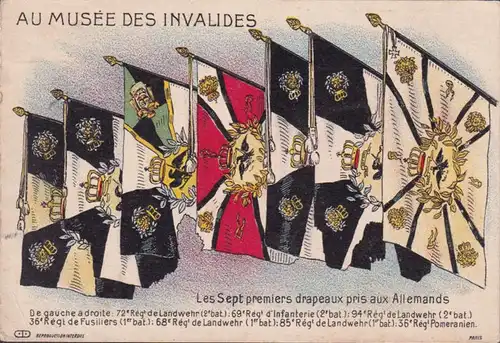 CPA Paris, Les Sept premiers drapeaux pres aux Allemands, Post militaire, gelaufen 1914