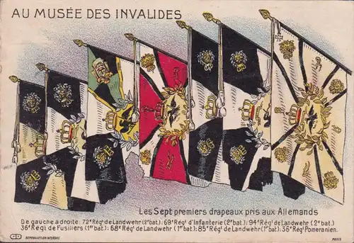 CPA Paris, Les Sept premiers drapeaux présents aux Allemands, Post militaire, couru en 1914