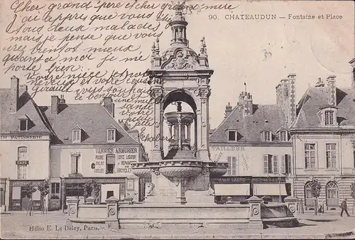 CPA Chateaudun, Fontaine et Place, Vannier Armurie, Tailleur, couru en 1903