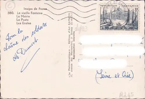 CP Le Pre Saint Gervais, La Poste, La Mairie, Les Ecoles, gelaufen 1957