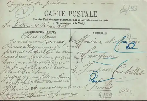 CPA Saint Denis, La Rue de Paris, la Place aux Gueldres, , Cafe, Tabac, Hotel, couru 1908