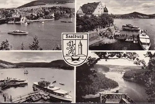 AK Saalburg an der Saale, Bootsanlegestelle, Schiffe, Saale, ungelaufen