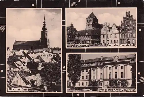 AK Greifswald, Platz der Freundschaft, Ernst Moritz Arndt Universität, Dom, gelaufen 1964